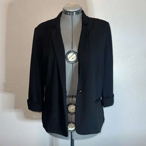 NYCC Black Blazer Single Button Jacket Women’s Size LARGE Rolled 3/4 Sleeves - Picture 11 of 12